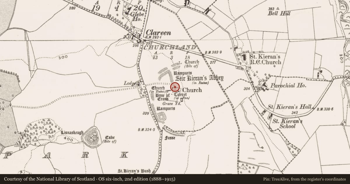 Ordnance Survey six-inch map, 2nd edition (1888–1915) covering the location of Souterrain, Churchland, County Offaly, with a pin at the register's coordinates