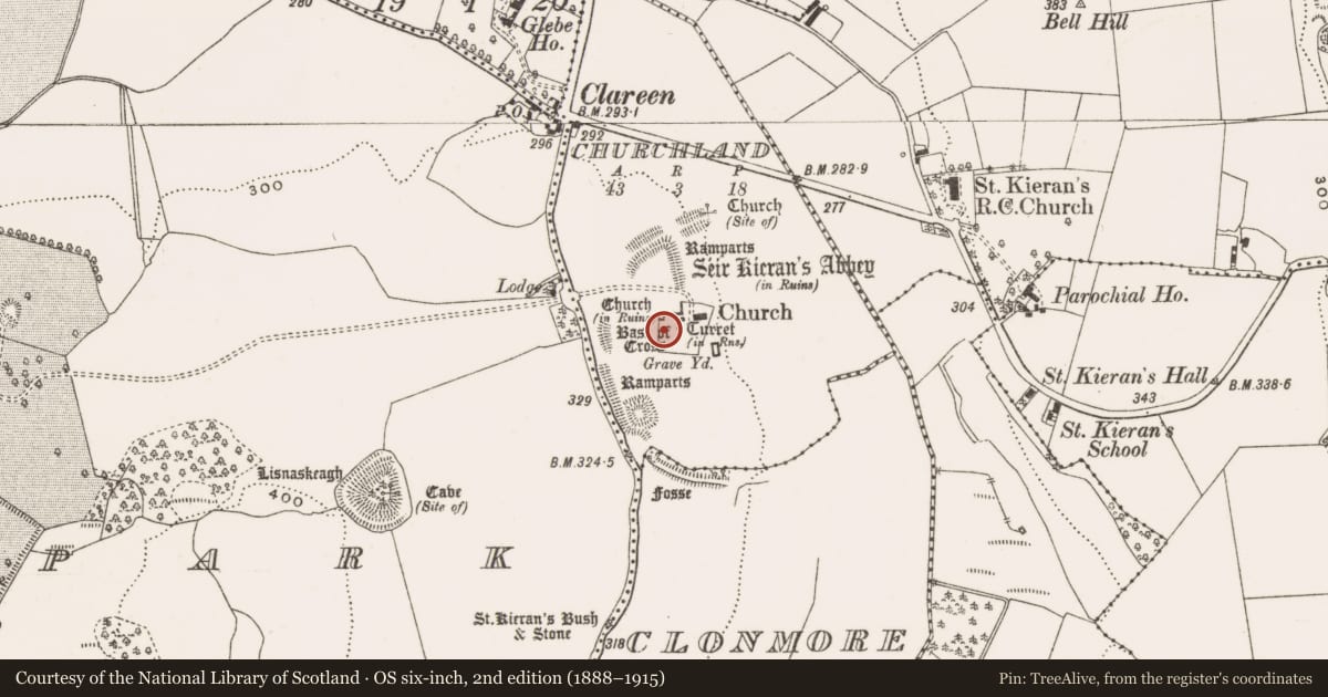 Ordnance Survey six-inch map, 2nd edition (1888–1915) covering the location of Headstone, Churchland, County Offaly, with a pin at the register's coordinates