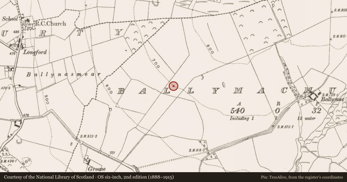 Ordnance Survey six-inch map, 2nd edition (1888–1915) covering the location of Enclosure, Ballymacmurragh, County Offaly, with a pin at the register's coordinates