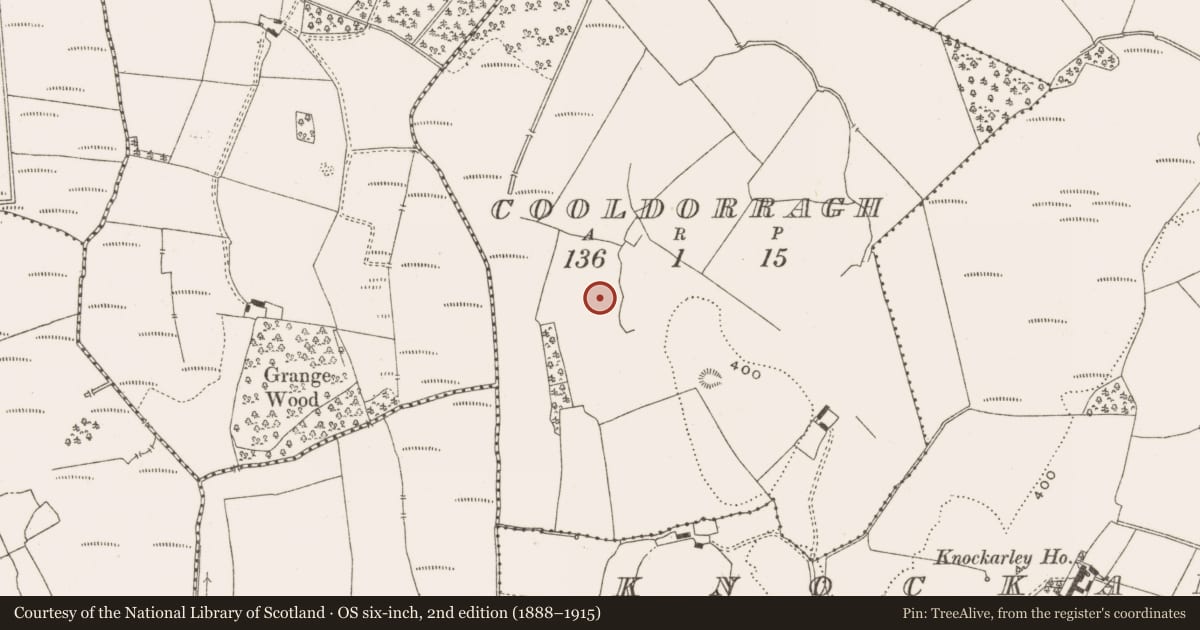 Ordnance Survey six-inch map, 2nd edition (1888–1915) covering the location of Enclosure, Cooldorragh, County Offaly, with a pin at the register's coordinates