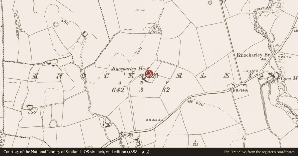 Ordnance Survey six-inch map, 2nd edition (1888–1915) covering the location of House - 16th/17th century, Knockarley, County Offaly, with a pin at the register's coordinates