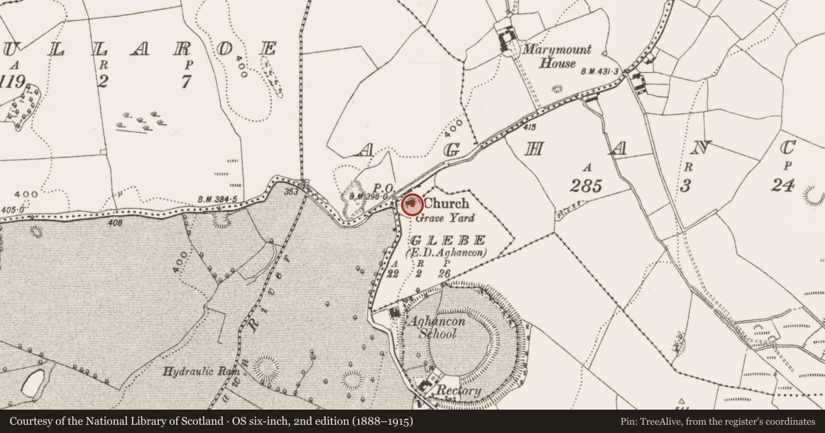 Ordnance Survey six-inch map, 2nd edition (1888–1915) covering the location of Church, Glebe, County Offaly, with a pin at the register's coordinates