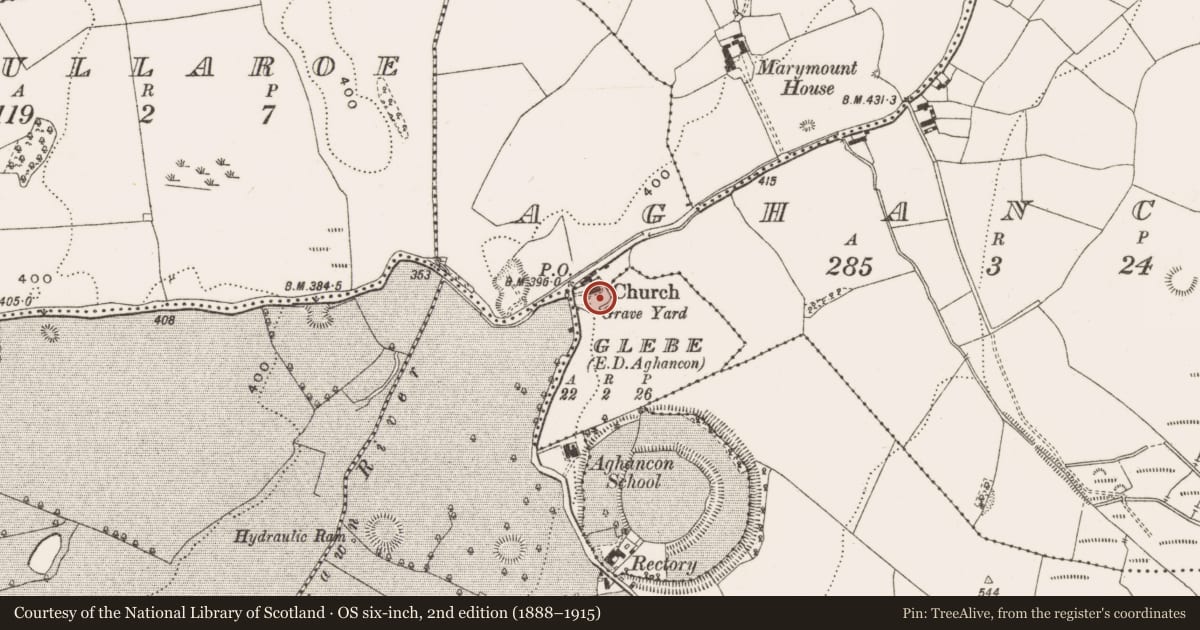 Ordnance Survey six-inch map, 2nd edition (1888–1915) covering the location of Tomb - table tomb, Glebe, County Offaly, with a pin at the register's coordinates