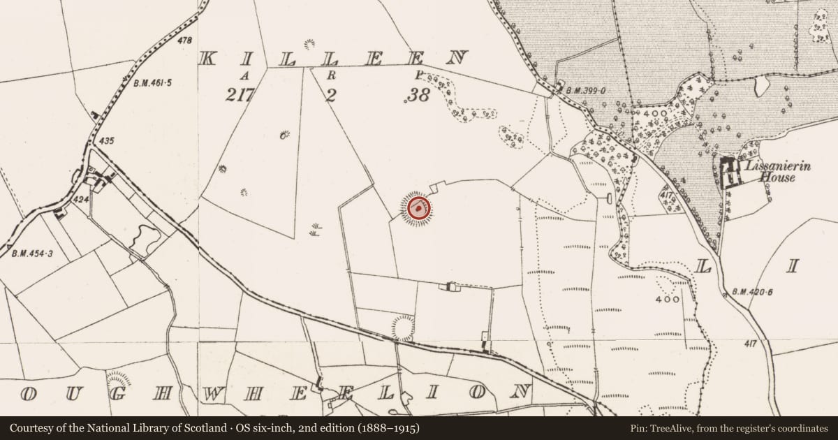 Ordnance Survey six-inch map, 2nd edition (1888–1915) covering the location of Ringfort - unclassified, Killeen, County Offaly, with a pin at the register's coordinates