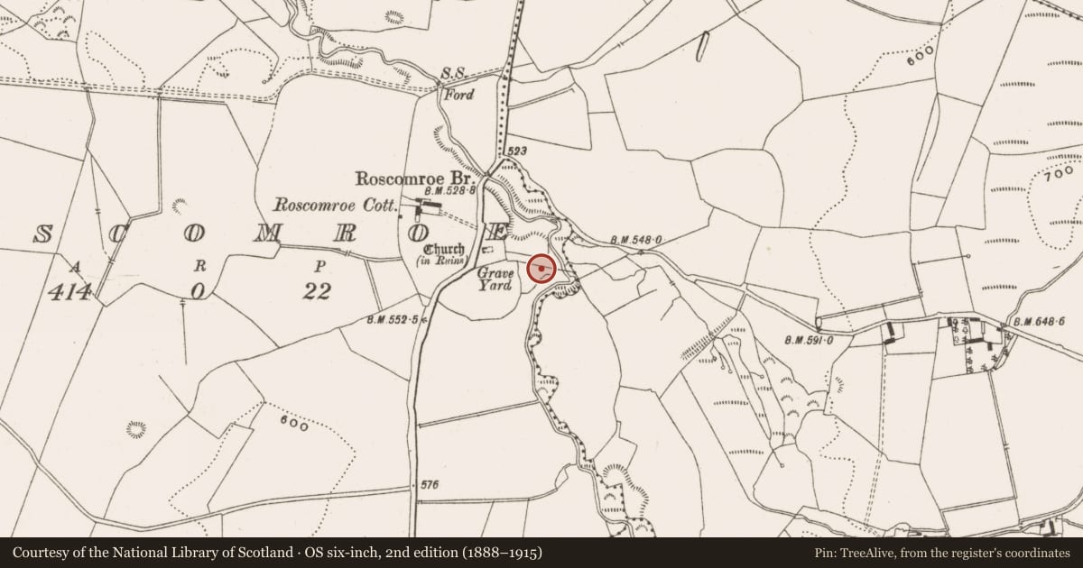 Ordnance Survey six-inch map, 2nd edition (1888–1915) covering the location of Ritual site - holy well, Roscomroe, County Offaly, with a pin at the register's coordinates