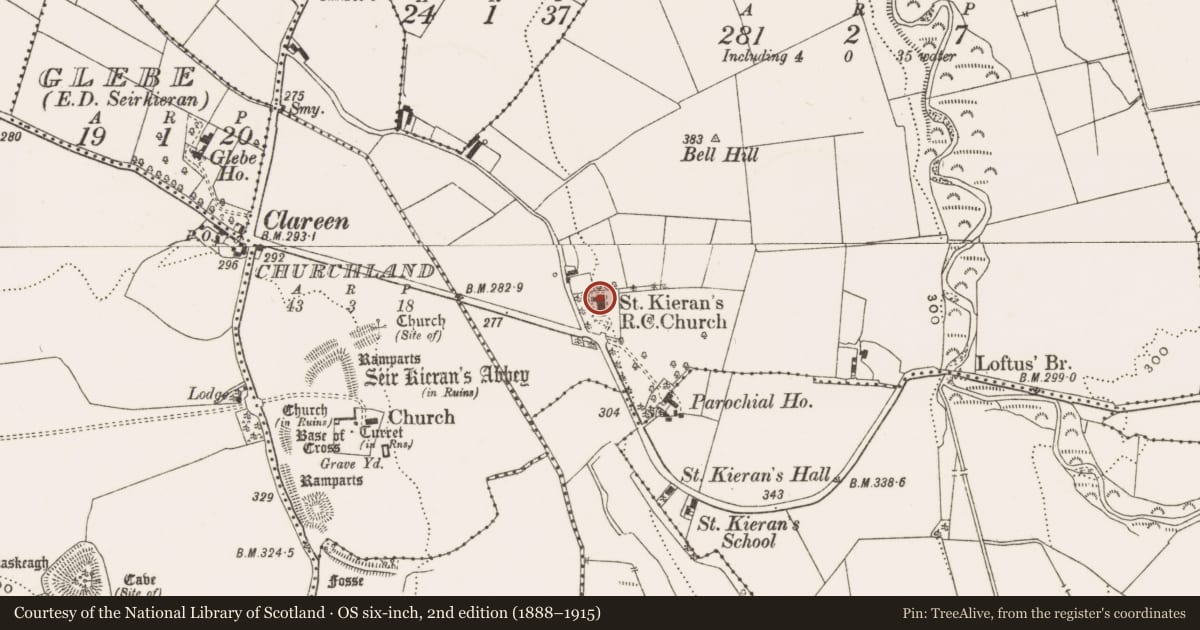 Ordnance Survey six-inch map, 2nd edition (1888–1915) covering the location of Cross-slab (present location), Churchland, County Offaly, with a pin at the register's coordinates