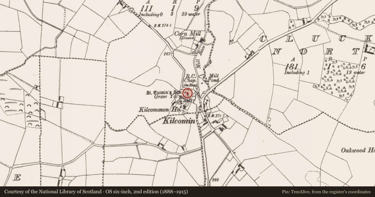 Ordnance Survey six-inch map, 2nd edition (1888–1915) covering the location of Church, Kilcomin, County Offaly, with a pin at the register's coordinates