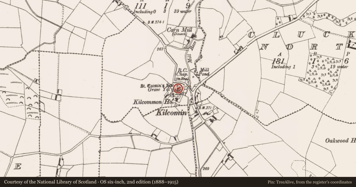 Ordnance Survey six-inch map, 2nd edition (1888–1915) covering the location of Graveyard, Kilcomin, County Offaly, with a pin at the register's coordinates