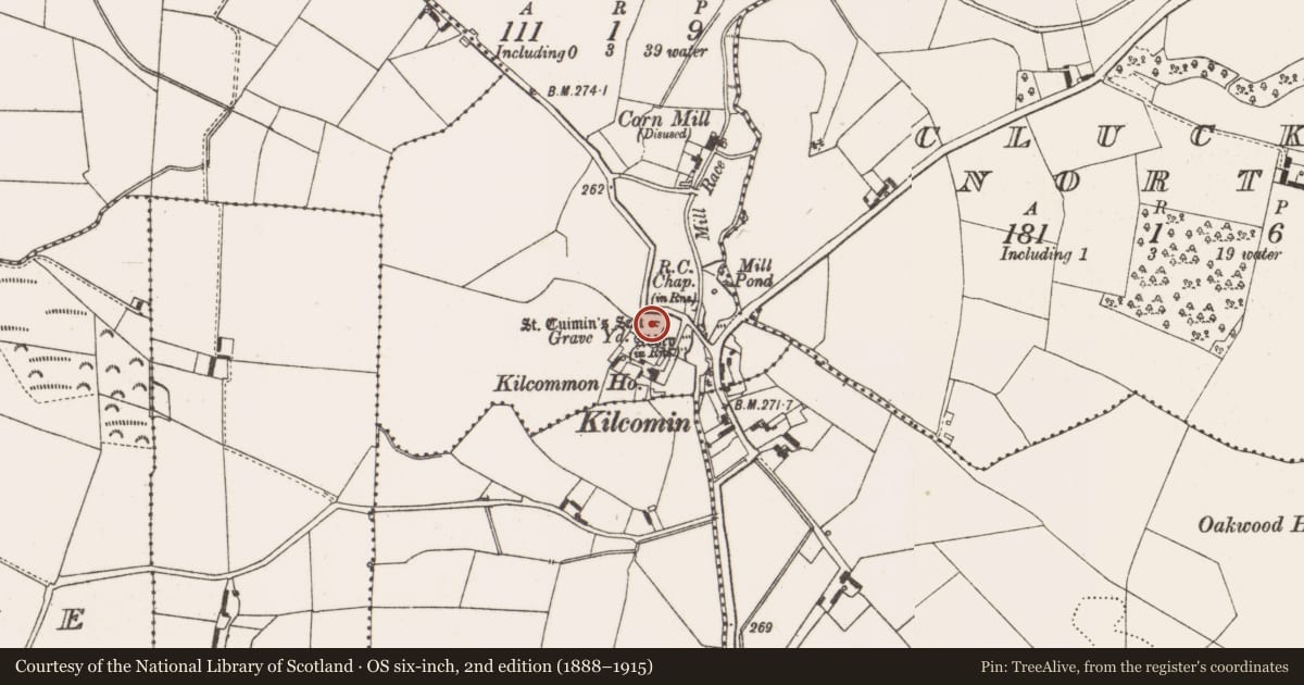 Ordnance Survey six-inch map, 2nd edition (1888–1915) covering the location of Ritual site - holy/saint's stone, Kilcomin, County Offaly, with a pin at the register's coordinates