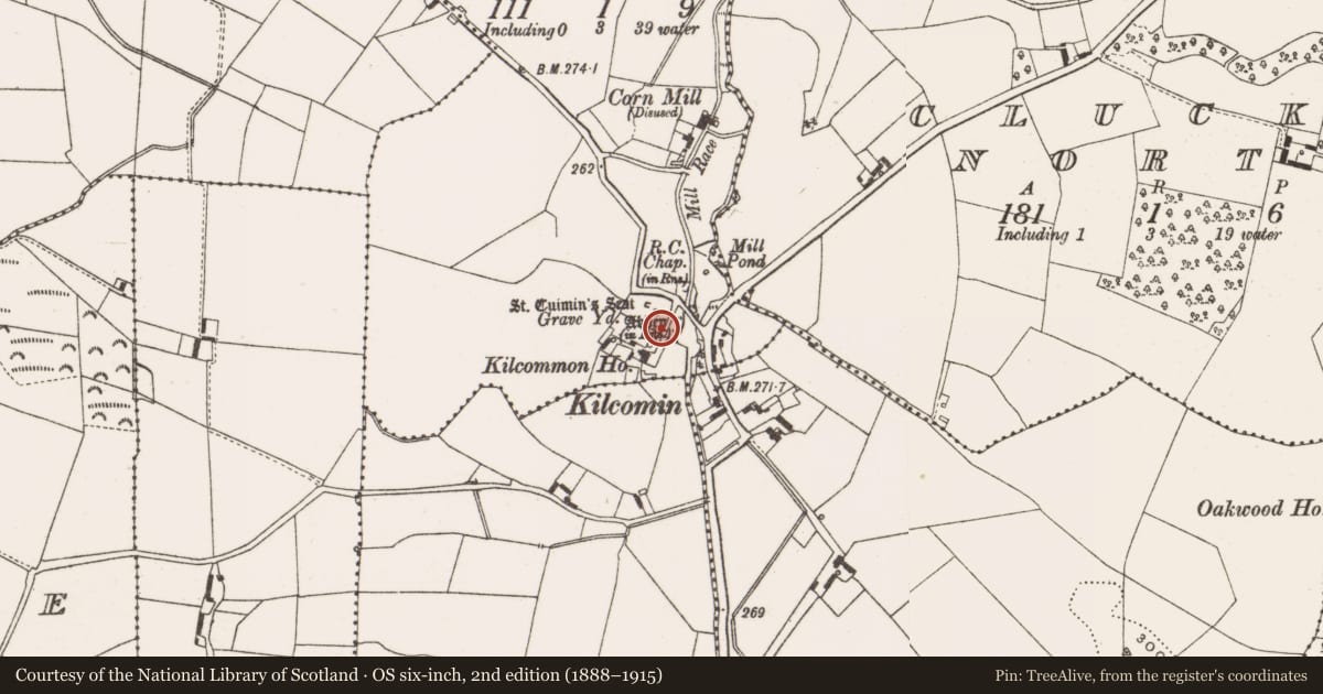 Ordnance Survey six-inch map, 2nd edition (1888–1915) covering the location of Cross-slab, Kilcomin, County Offaly, with a pin at the register's coordinates