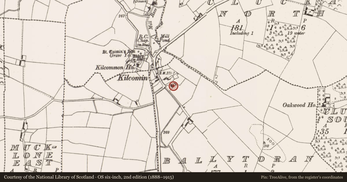 Ordnance Survey six-inch map, 2nd edition (1888–1915) covering the location of House - 17th century, Ballytoran, County Offaly, with a pin at the register's coordinates