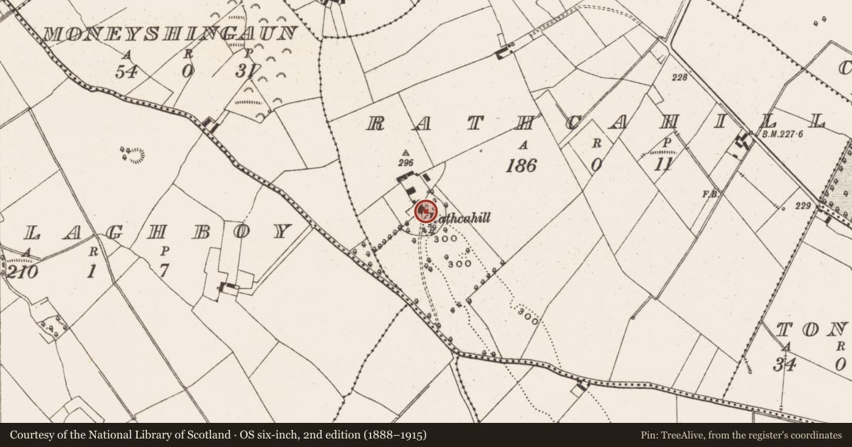 Ordnance Survey six-inch map, 2nd edition (1888–1915) covering the location of Designed landscape feature, Rathcahill, County Offaly, with a pin at the register's coordinates