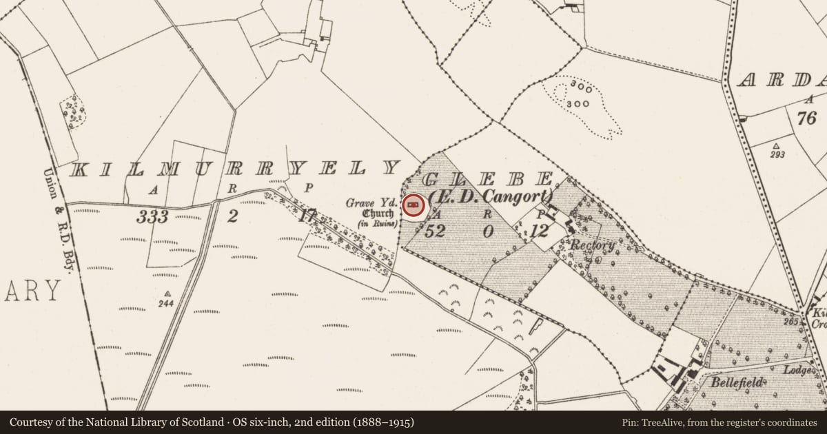 Ordnance Survey six-inch map, 2nd edition (1888–1915) covering the location of Church, Glebe, County Offaly, with a pin at the register's coordinates