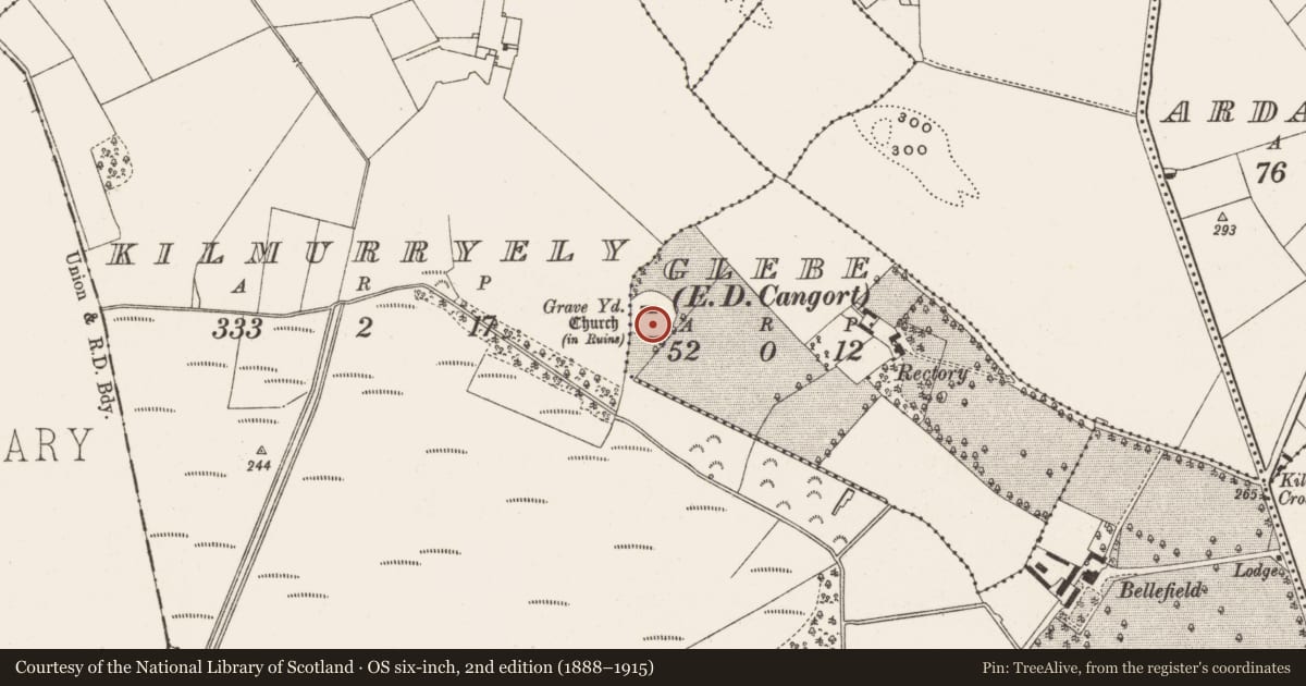 Ordnance Survey six-inch map, 2nd edition (1888–1915) covering the location of Graveyard, Glebe, Kilmurryely, County Offaly, with a pin at the register's coordinates