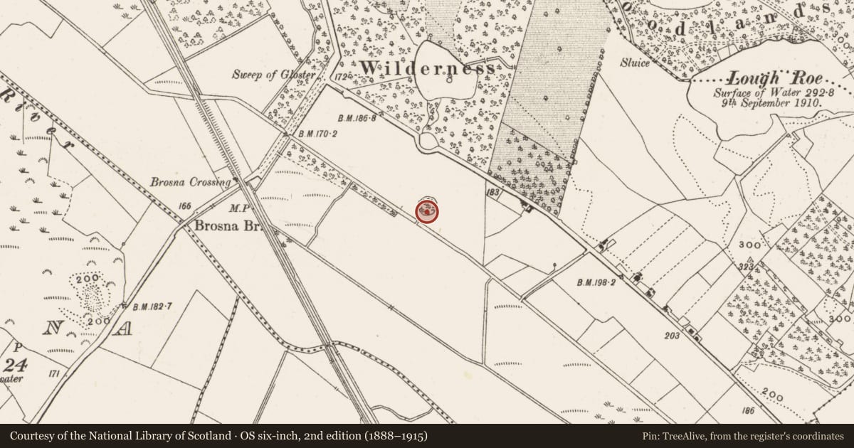 Ordnance Survey six-inch map, 2nd edition (1888–1915) covering the location of Enclosure, Glasderry More, County Offaly, with a pin at the register's coordinates