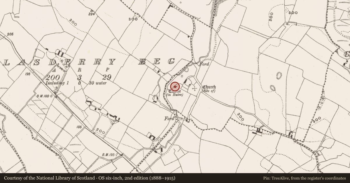 Ordnance Survey six-inch map, 2nd edition (1888–1915) covering the location of Castle - tower house, Aghadouglas, County Offaly, with a pin at the register's coordinates