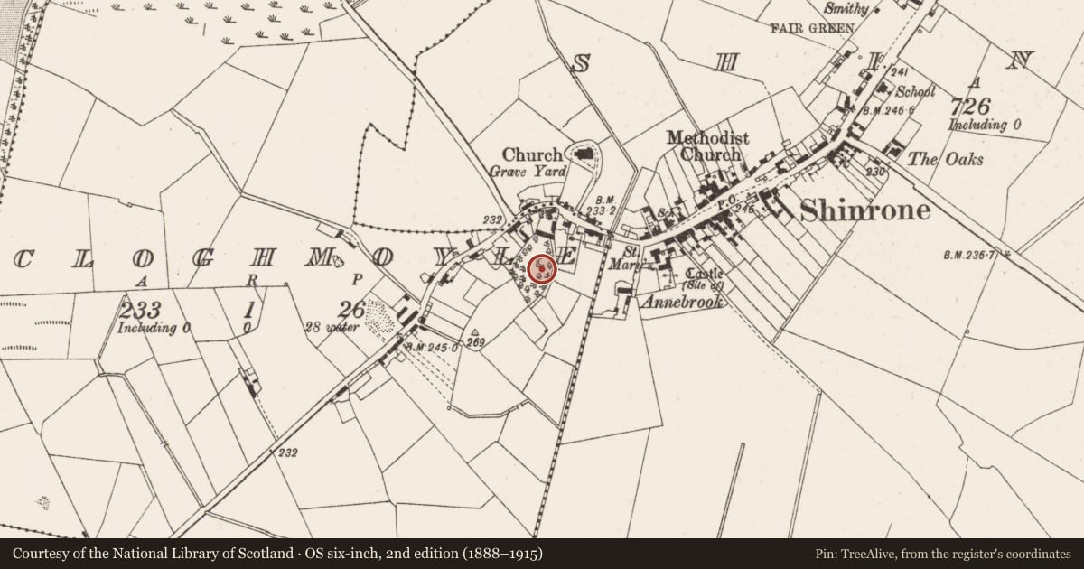Ordnance Survey six-inch map, 2nd edition (1888–1915) covering the location of Designed landscape - folly, Cloghmoyle, County Offaly, with a pin at the register's coordinates