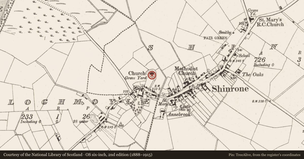 Ordnance Survey six-inch map, 2nd edition (1888–1915) covering the location of Graveyard, Shinrone, County Offaly, with a pin at the register's coordinates