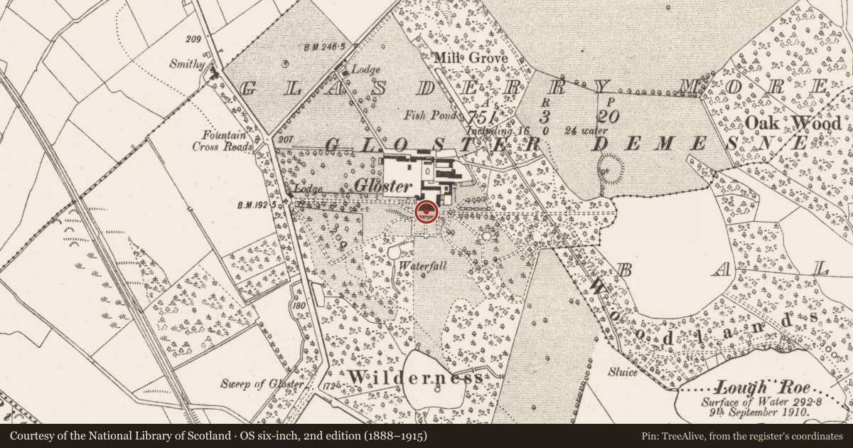 Ordnance Survey six-inch map, 2nd edition (1888–1915) covering the location of House - 17th century, Glasderry More, County Offaly, with a pin at the register's coordinates