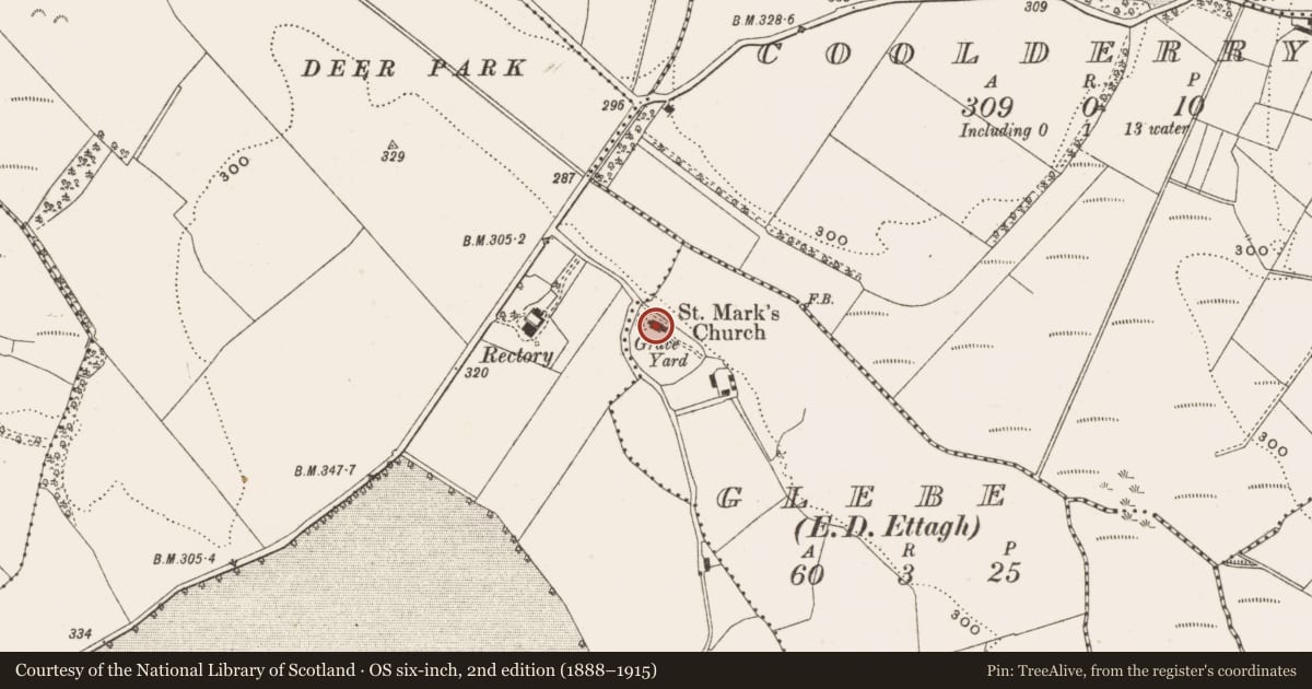 Ordnance Survey six-inch map, 2nd edition (1888–1915) covering the location of Church, Glebe, County Offaly, with a pin at the register's coordinates