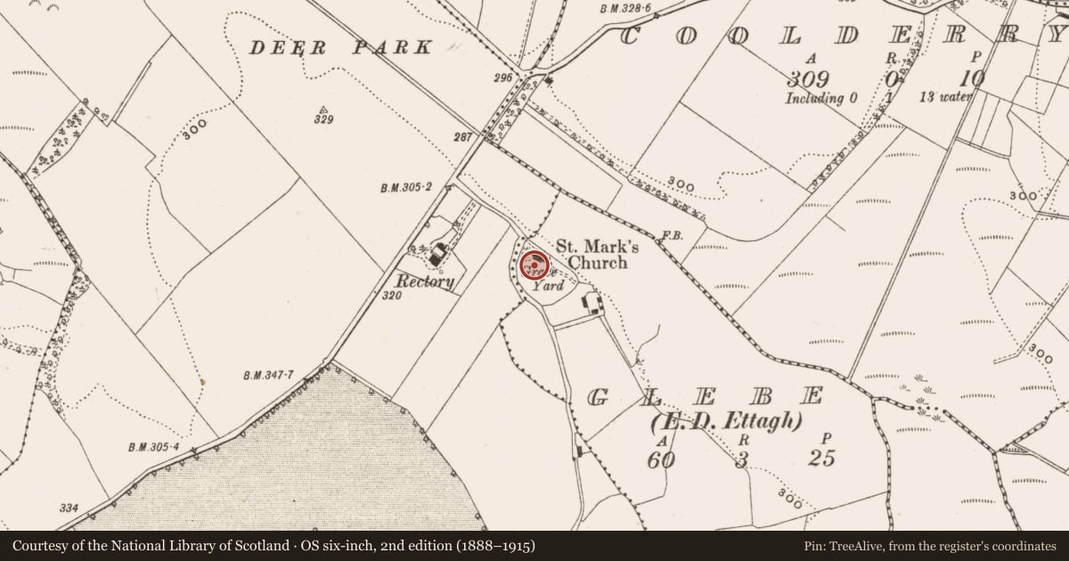 Ordnance Survey six-inch map, 2nd edition (1888–1915) covering the location of Graveyard, Glebe, County Offaly, with a pin at the register's coordinates