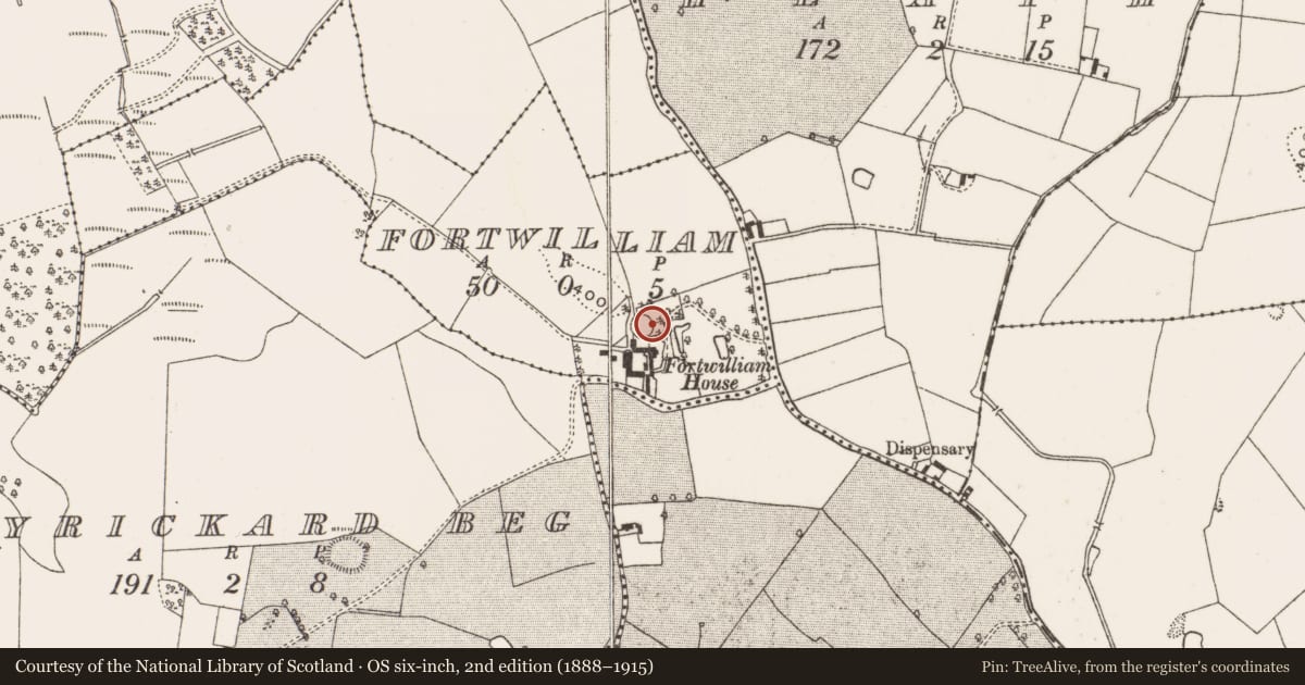 Ordnance Survey six-inch map, 2nd edition (1888–1915) covering the location of Ringfort - unclassified, Fortwilliam, County Offaly, with a pin at the register's coordinates