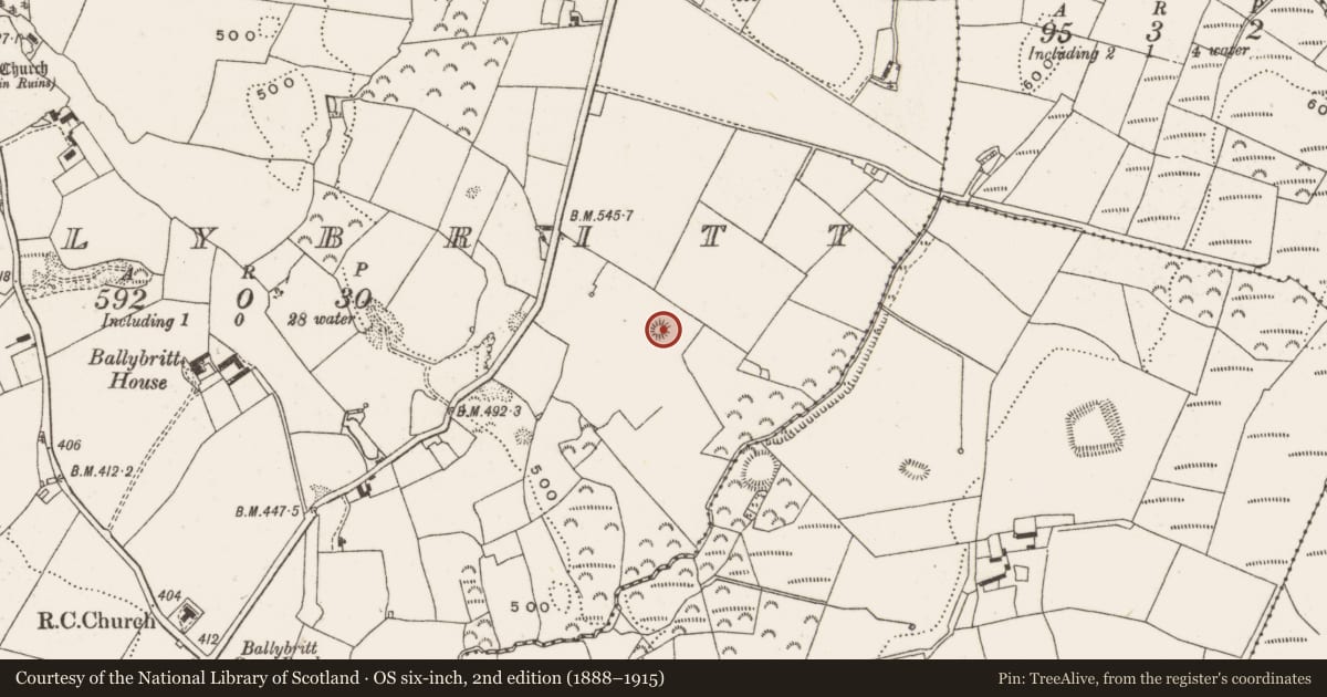Ordnance Survey six-inch map, 2nd edition (1888–1915) covering the location of Barrow - ring-barrow, Ballybritt, County Offaly, with a pin at the register's coordinates