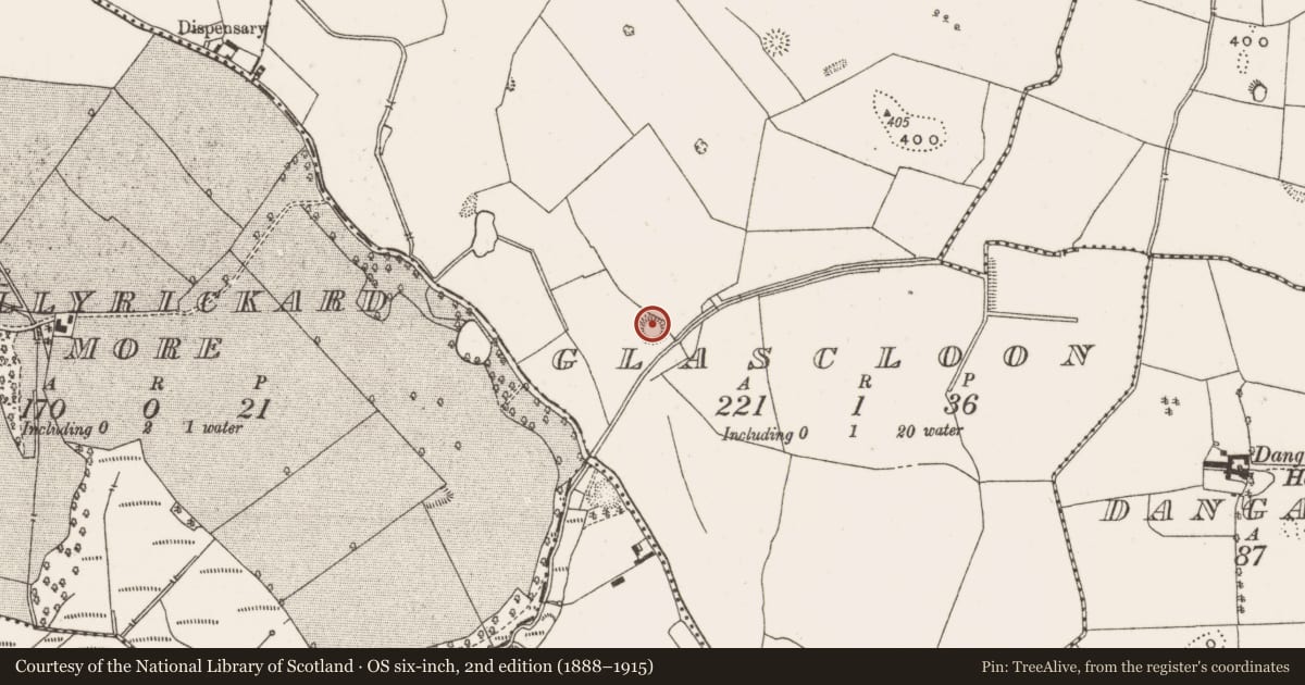 Ordnance Survey six-inch map, 2nd edition (1888–1915) covering the location of Enclosure, Glascloon, County Offaly, with a pin at the register's coordinates