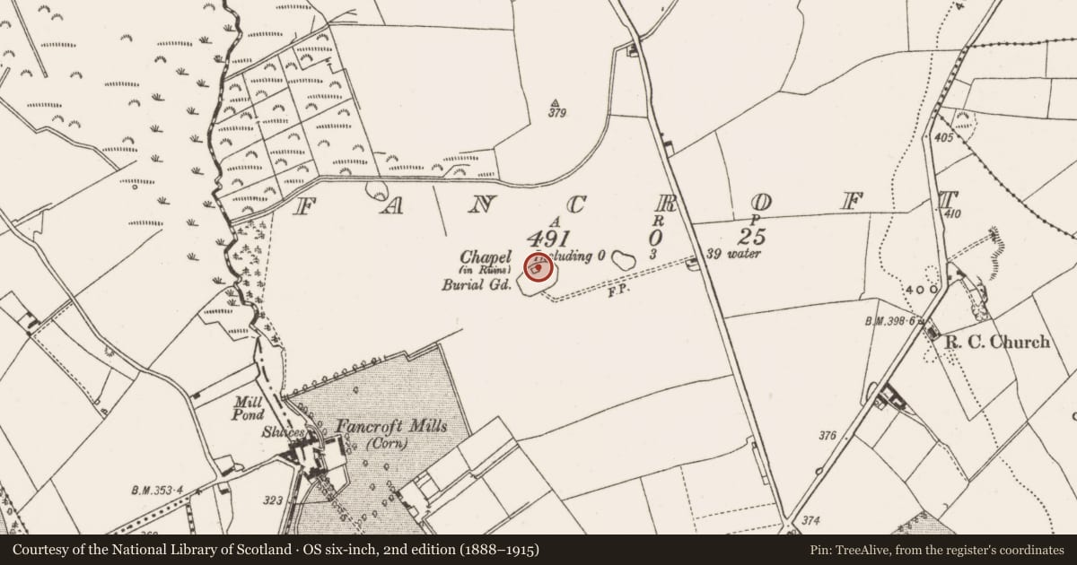Ordnance Survey six-inch map, 2nd edition (1888–1915) covering the location of Church, Fancroft, County Offaly, with a pin at the register's coordinates