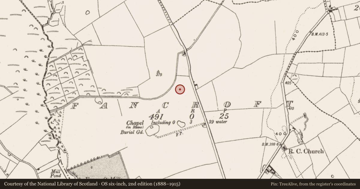 Ordnance Survey six-inch map, 2nd edition (1888–1915) covering the location of Road - hollow-way, Fancroft, County Offaly, with a pin at the register's coordinates