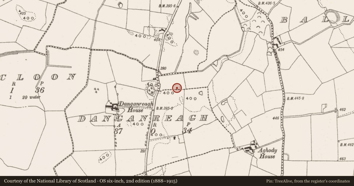 Ordnance Survey six-inch map, 2nd edition (1888–1915) covering the location of Earthwork, Aghody, Danganreagh, County Offaly, with a pin at the register's coordinates