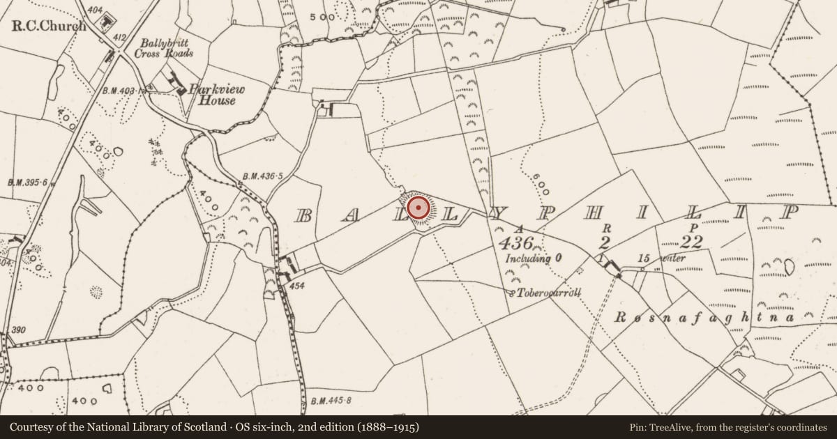 Ordnance Survey six-inch map, 2nd edition (1888–1915) covering the location of Ringfort - rath, Ballyphilip, County Offaly, with a pin at the register's coordinates