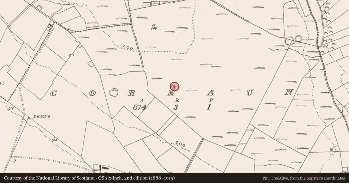 Ordnance Survey six-inch map, 2nd edition (1888–1915) covering the location of Barrow - ring-barrow, Gorraun, County Offaly, with a pin at the register's coordinates