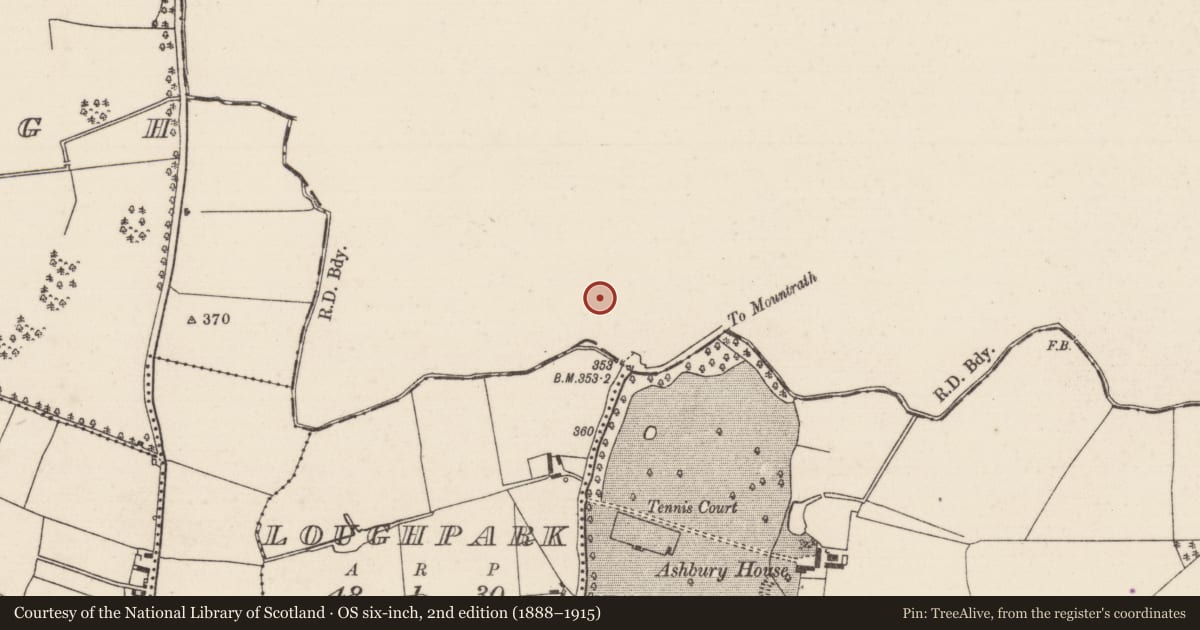 Ordnance Survey six-inch map, 2nd edition (1888–1915) covering the location of Castle - tower house, Dungar, County Offaly, with a pin at the register's coordinates