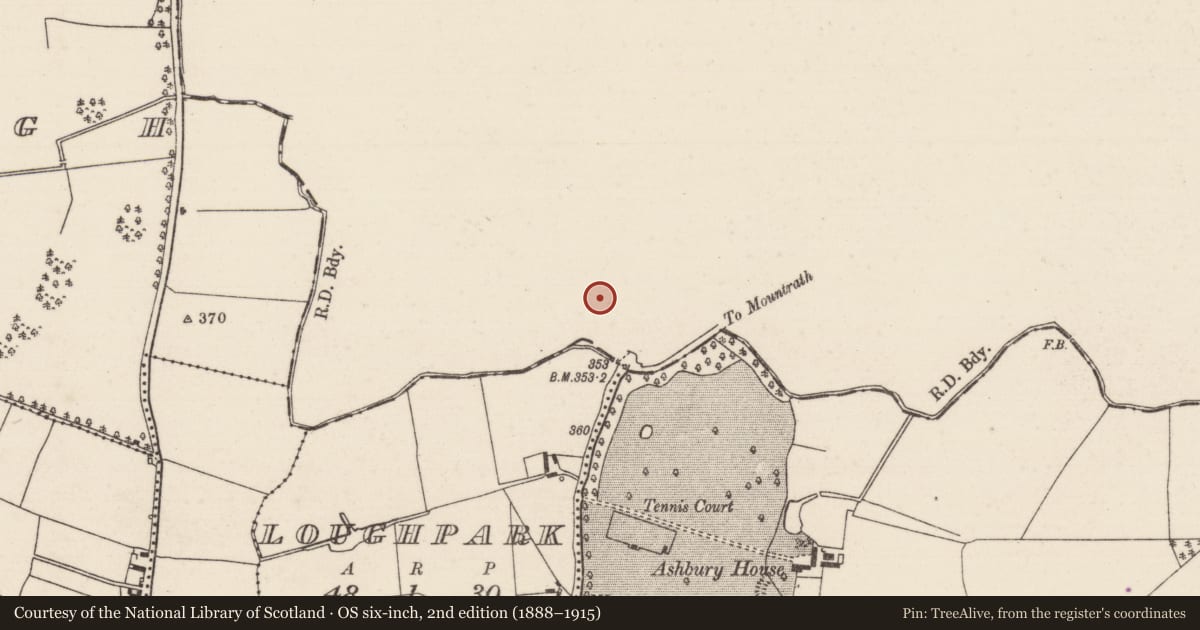 Ordnance Survey six-inch map, 2nd edition (1888–1915) covering the location of Bawn, Dungar, County Offaly, with a pin at the register's coordinates