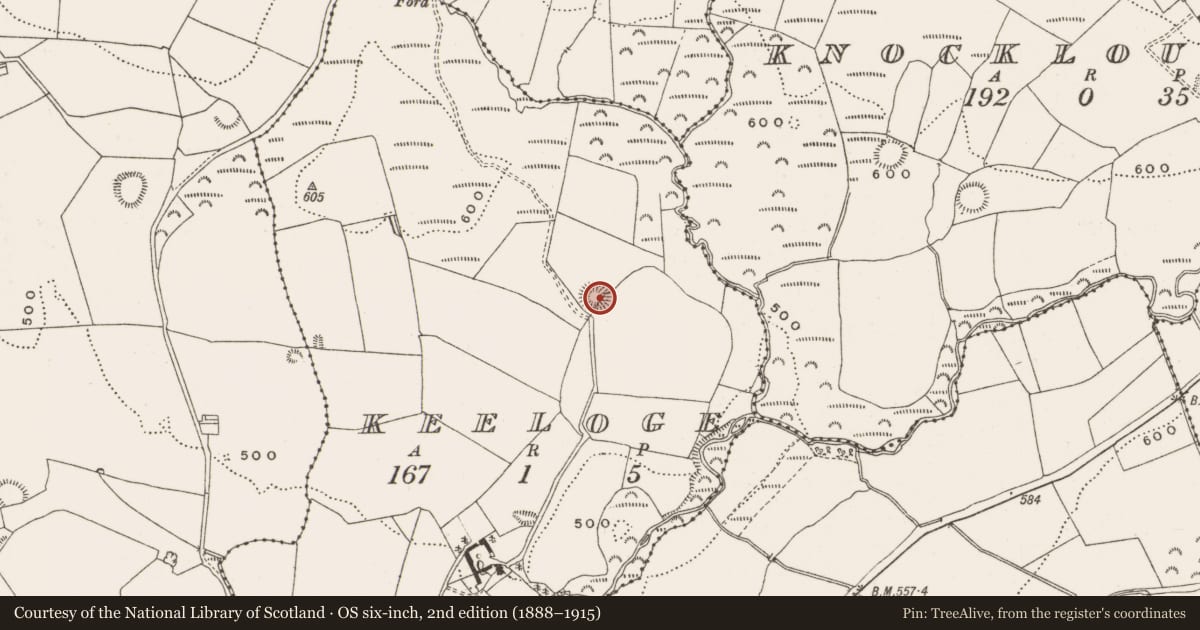 Ordnance Survey six-inch map, 2nd edition (1888–1915) covering the location of Enclosure, Keeloge, County Offaly, with a pin at the register's coordinates