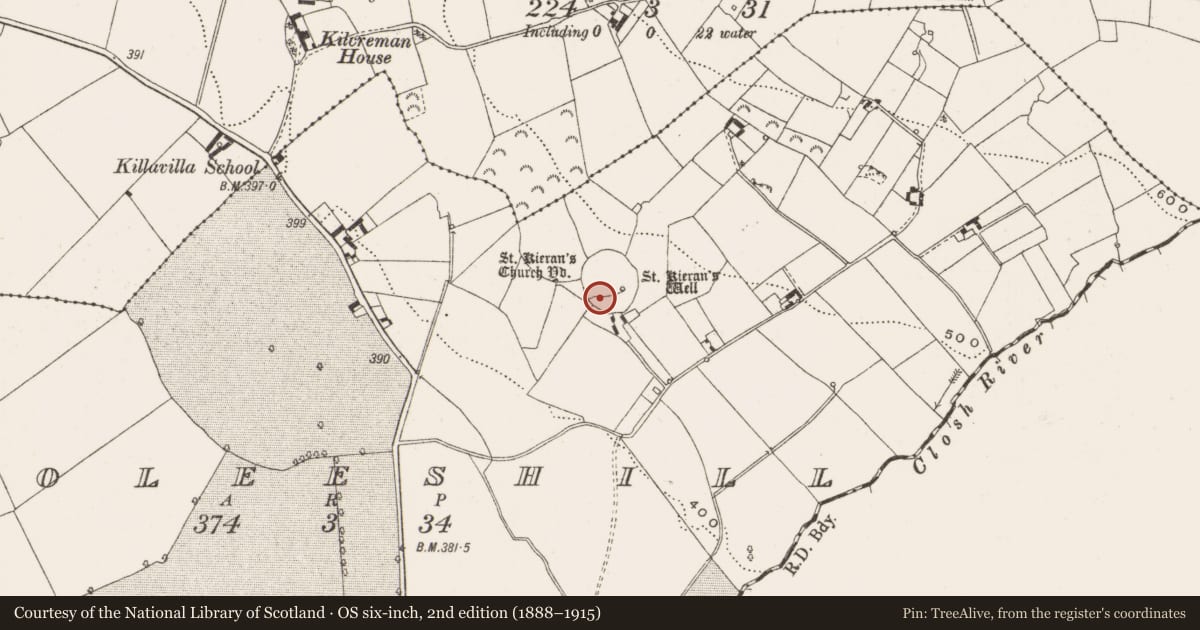 Ordnance Survey six-inch map, 2nd edition (1888–1915) covering the location of Church, Cooleeshill, County Offaly, with a pin at the register's coordinates