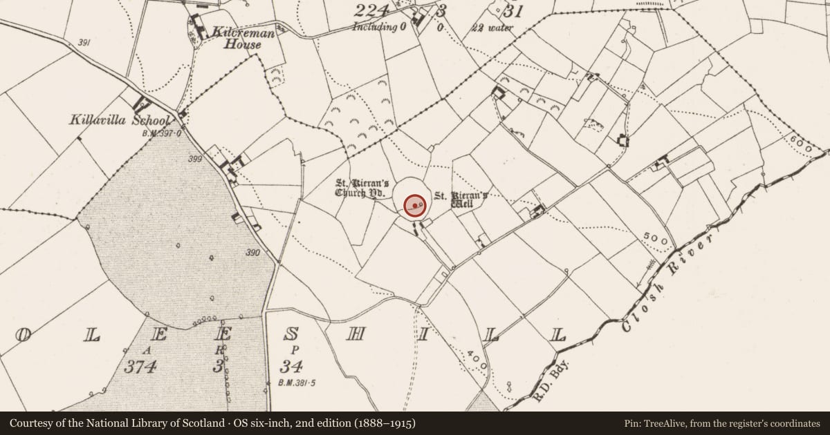 Ordnance Survey six-inch map, 2nd edition (1888–1915) covering the location of Graveyard, Cooleeshill, County Offaly, with a pin at the register's coordinates