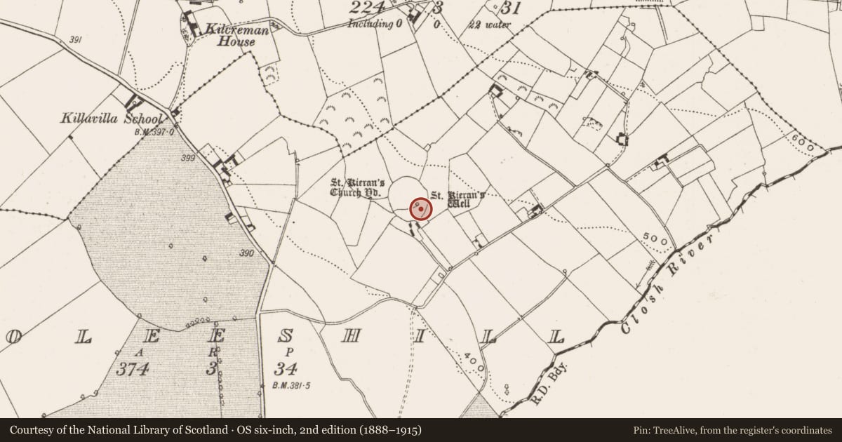 Ordnance Survey six-inch map, 2nd edition (1888–1915) covering the location of Ritual site - holy well, Cooleeshill, County Offaly, with a pin at the register's coordinates