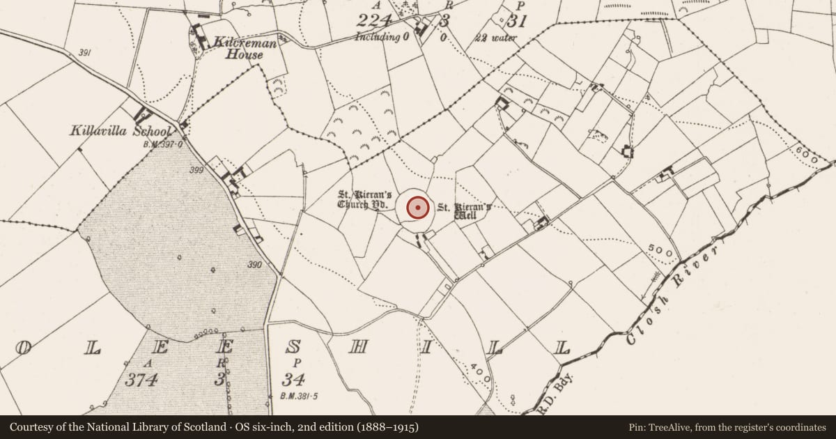 Ordnance Survey six-inch map, 2nd edition (1888–1915) covering the location of Ritual site - holy tree/bush, Cooleeshill, County Offaly, with a pin at the register's coordinates