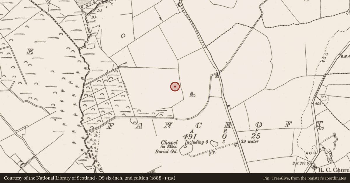 Ordnance Survey six-inch map, 2nd edition (1888–1915) covering the location of Barrow - mound barrow, Fancroft, County Offaly, with a pin at the register's coordinates