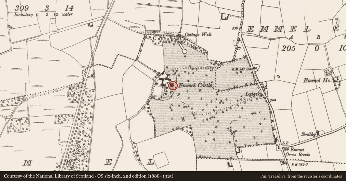Ordnance Survey six-inch map, 2nd edition (1888–1915) covering the location of Castle - tower house, Emmel West, County Offaly, with a pin at the register's coordinates