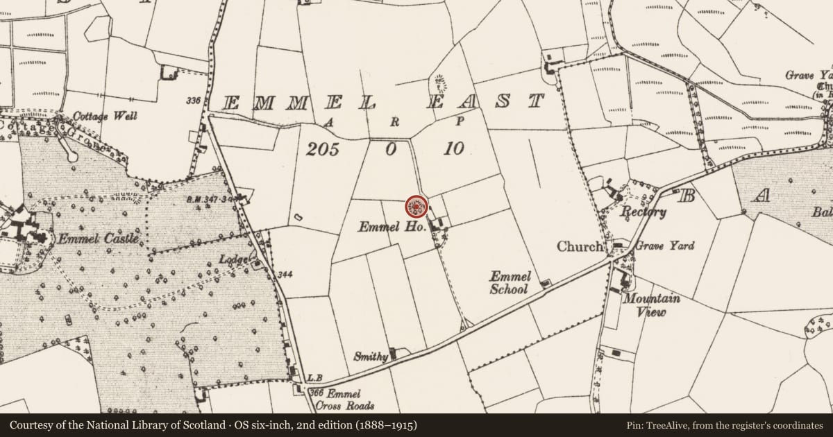 Ordnance Survey six-inch map, 2nd edition (1888–1915) covering the location of Ringfort - unclassified, Emmel East, County Offaly, with a pin at the register's coordinates