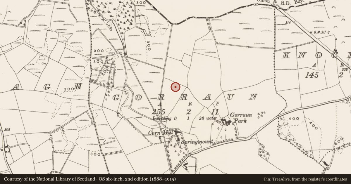 Ordnance Survey six-inch map, 2nd edition (1888–1915) covering the location of Megalithic tomb - unclassified, Gorraun, County Offaly, with a pin at the register's coordinates