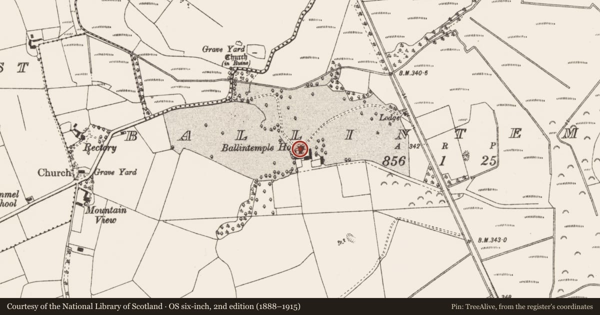 Ordnance Survey six-inch map, 2nd edition (1888–1915) covering the location of House - 18th/19th century, Ballintemple, County Offaly, with a pin at the register's coordinates