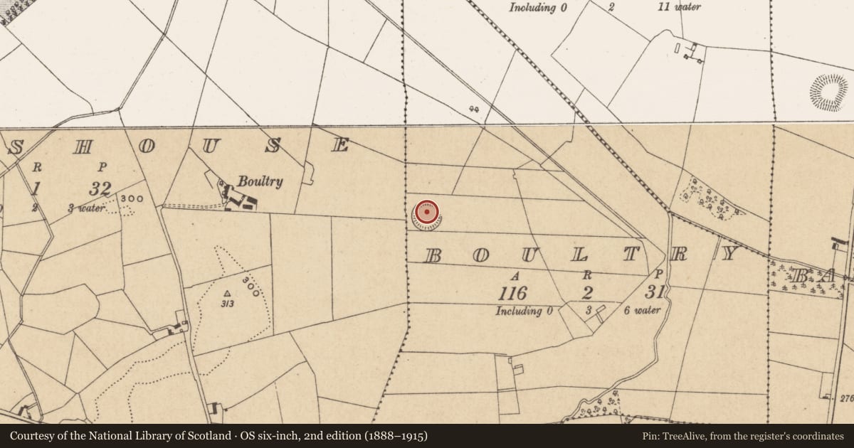 Ordnance Survey six-inch map, 2nd edition (1888–1915) covering the location of Souterrain, Boultry, County Offaly, with a pin at the register's coordinates