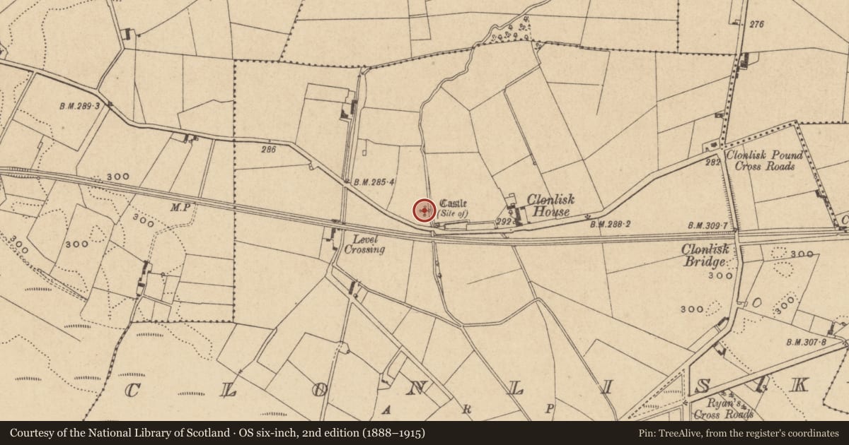 Ordnance Survey six-inch map, 2nd edition (1888–1915) covering the location of Castle - unclassified, Clonlisk, County Offaly, with a pin at the register's coordinates