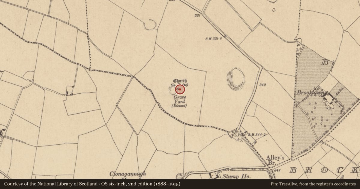 Ordnance Survey six-inch map, 2nd edition (1888–1915) covering the location of Church, Ballybrack, County Offaly, with a pin at the register's coordinates