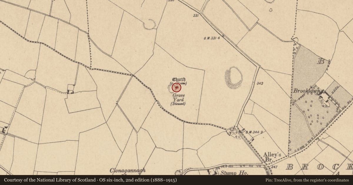 Ordnance Survey six-inch map, 2nd edition (1888–1915) covering the location of Graveyard, Ballybrack, County Offaly, with a pin at the register's coordinates