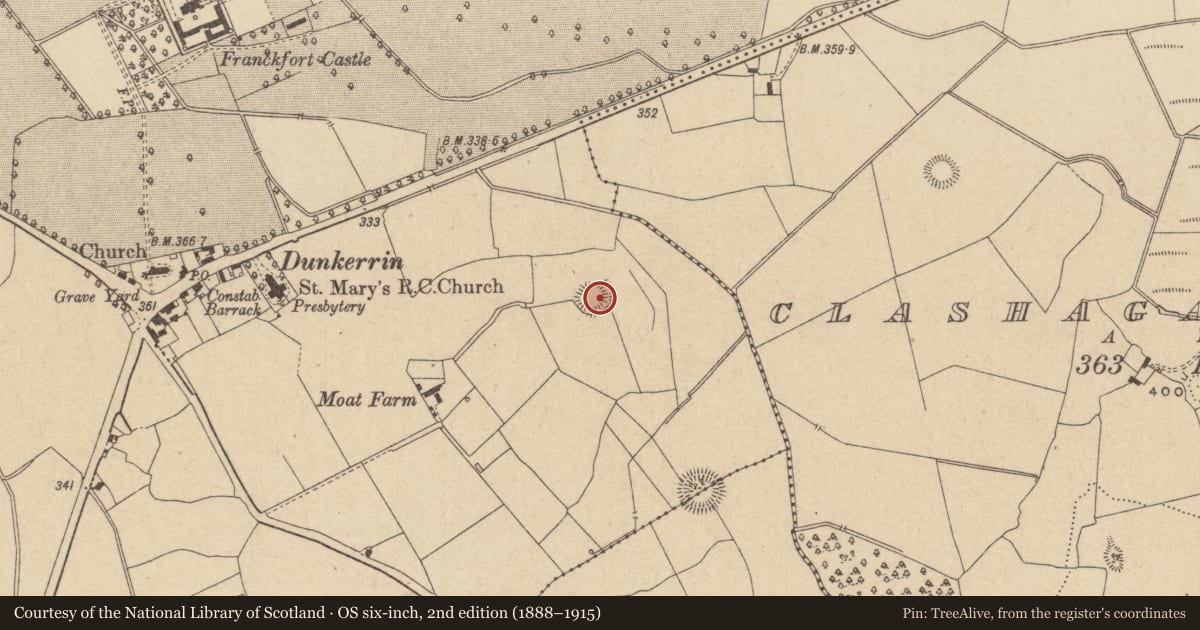 Ordnance Survey six-inch map, 2nd edition (1888–1915) covering the location of Castle - motte, Franckfort, County Offaly, with a pin at the register's coordinates